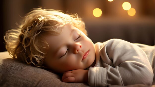 Photo a little boy sleeping on a couch with a light on the background