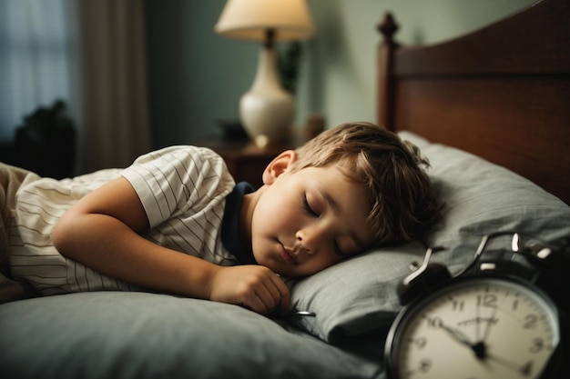 Little boy sleeping with alarm clock near his head ar c