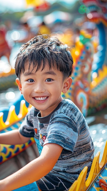 a little boy smiles while riding a tricycle