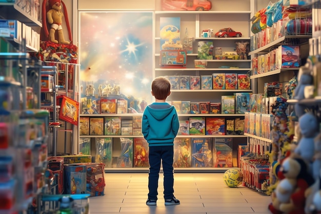 A little boy standing in front of a toy store