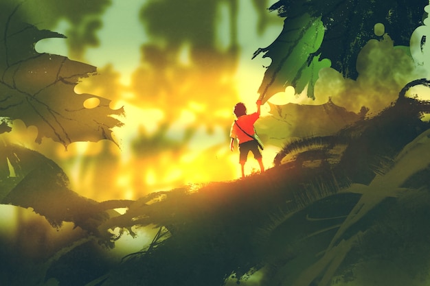 little boy standing on giant leaves looking sunlight,illustration painting