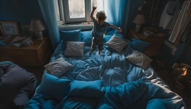 a little boy stands on a bed and points to the sky a boy jumping on bed