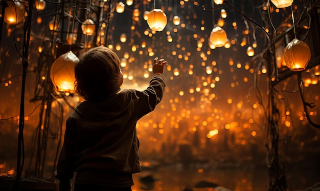 Photo little boy stands in front of lanterns