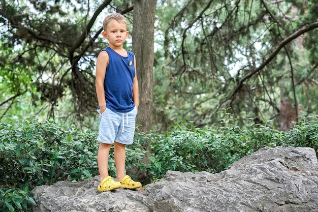 Little boy stands hiding hands in pockets on rock in coniferous forest