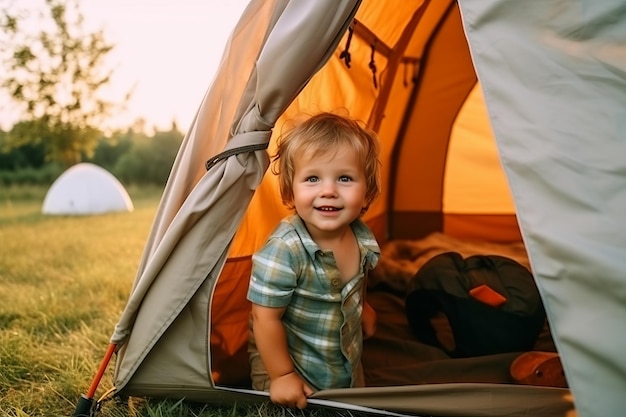 A little boy stands in a tent in front of a tent.