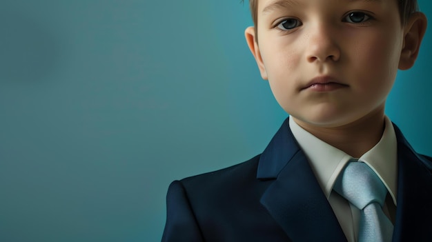 Little boy in a suit looking at the camera with a serious expression on his face He is wearing a white shirt and a blue tie The background is blue