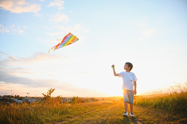 Little boy on summer vacation having fun and happy time flying kite on the field