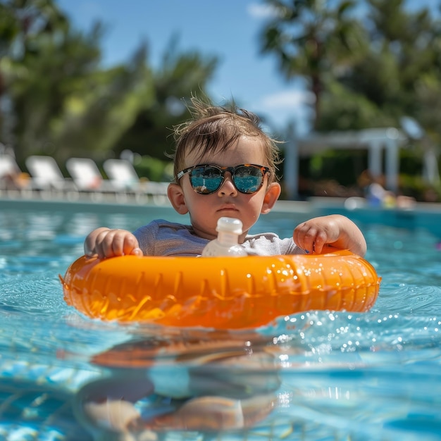 a little boy in a swimming pool with an orange floatie in his mouth