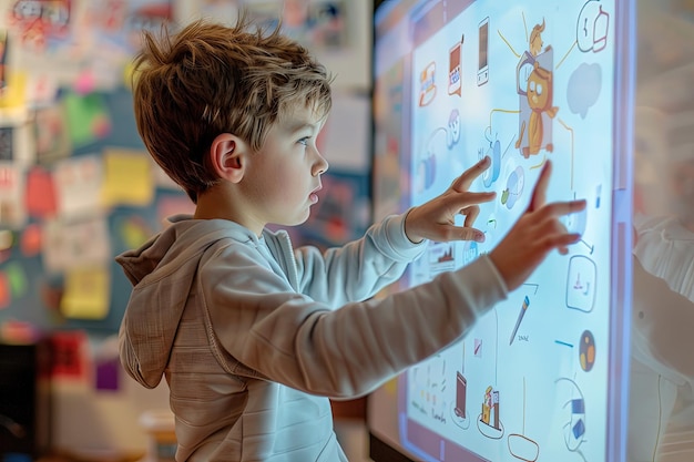 A little boy that is standing in front of a big screen