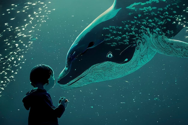 Little boy that is standing in front of a dolphin generative ai