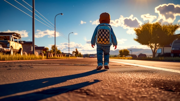 Little boy walking down street with backpack on it's back Generative AI