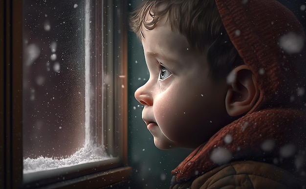 little boy watching the snow fall from behind the window