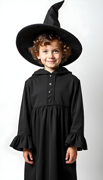 Photo a little boy wearing a black hat and a black cape