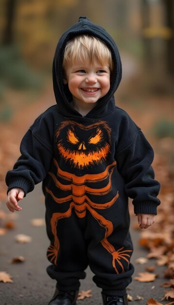 Photo a little boy wearing a black hoodie with an owl on it