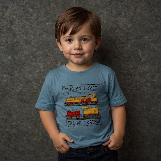 a little boy wearing a blue shirt that says love on it