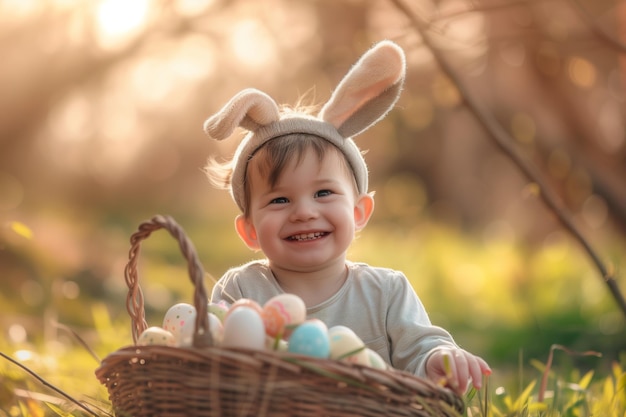 Little boy wearing bunny ears costume hunting for eggs in spring garden on Easter day