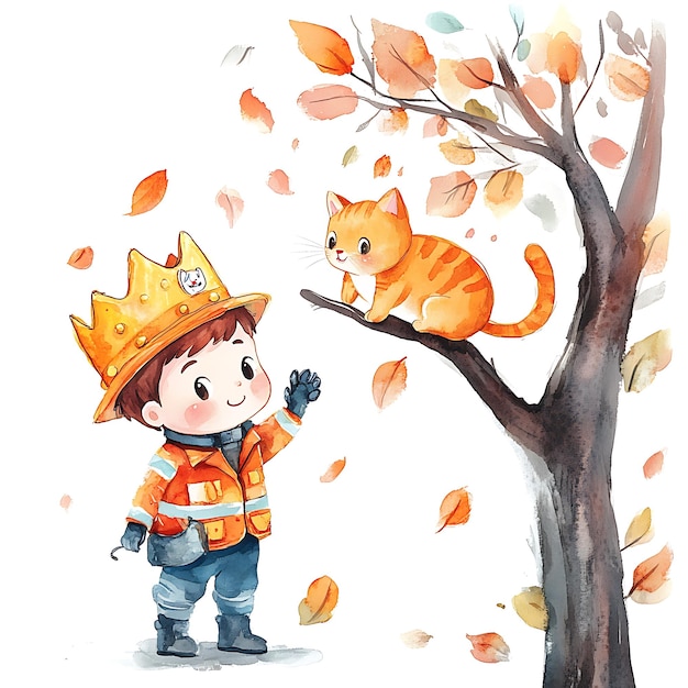 Photo a little boy wearing a construction worker costume waves to a cat in a tree during autumn