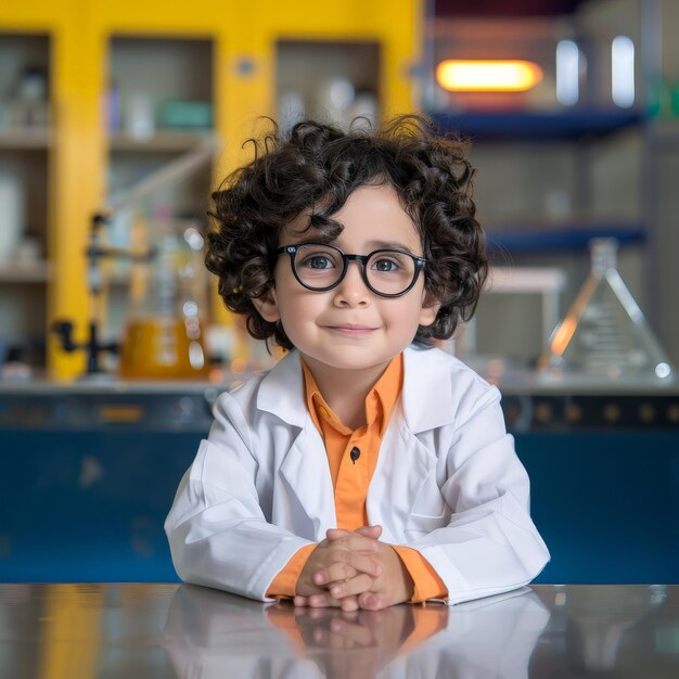 Photo a little boy wearing glasses and a lab coat sits on a counter