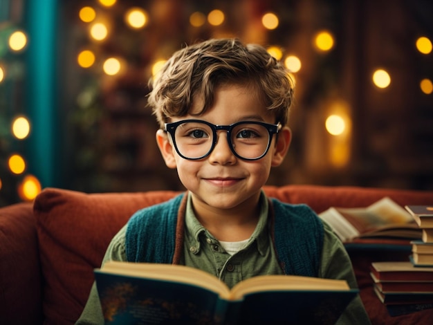 little boy wearing glasses and reading a book