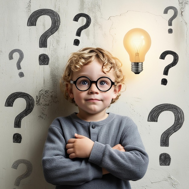 Photo little boy wearing glasses and thinking standing near concrete wall with many question marks and lightbulb