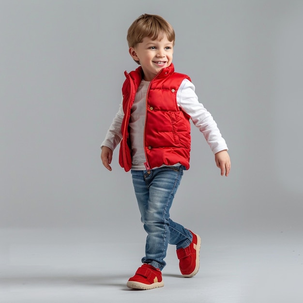 a little boy wearing a red vest and jeans is walking on the floor