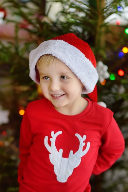 Little boy wearing Santa hat ready for celebrate Christmas. Cute child decorating the Christmas tree with glass toy