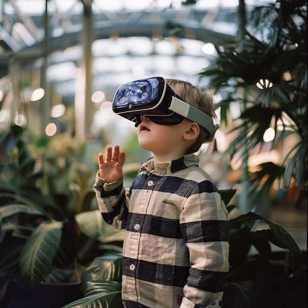 Photo little boy wearing a virtual reality headset fully immersed in the experience focused expression