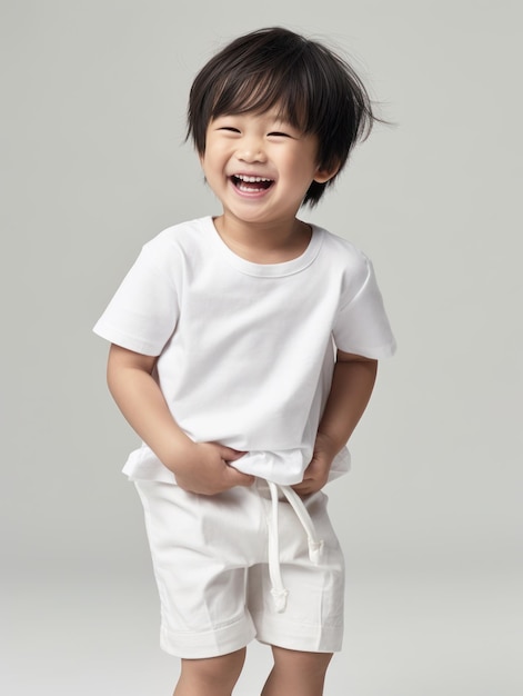 A little boy wearing white pants and a white shirt smiles and smiles