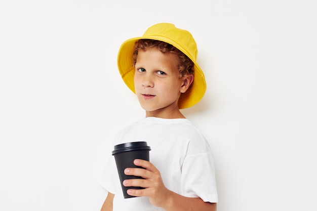 Little boy what kind of drink is the phone in hand communication isolated background unaltered