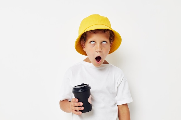 Little boy what kind of drink is the phone in hand communication isolated background unaltered