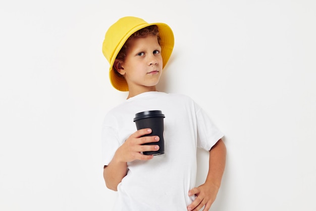 Little boy what kind of drink is the phone in hand communication isolated background unaltered