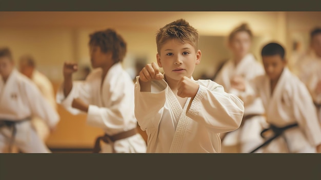 Little boy in a white karate suit practicing his moves in a martial arts studio He has a determined look on his face and is focused on his training