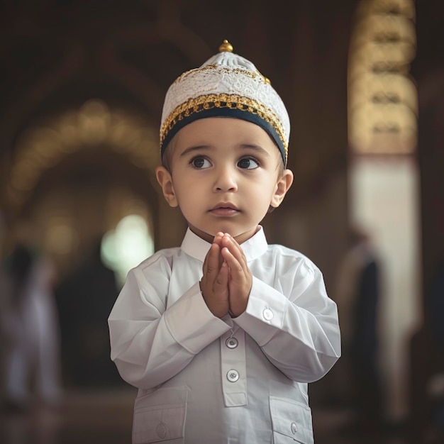 A little boy in a white outfit and a hat is praying.