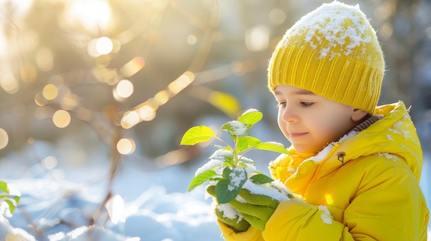 Little boy in winter gear holds a surviving fresh branch