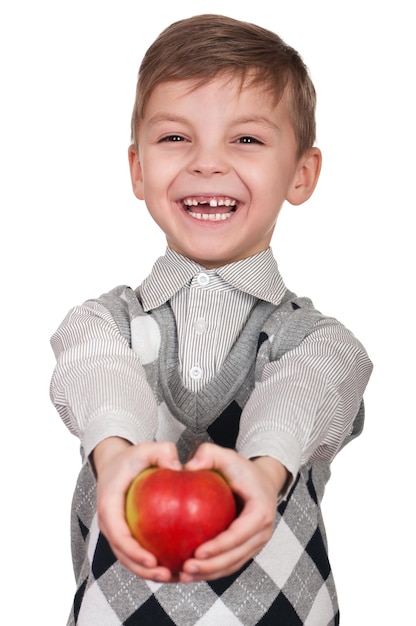 Little boy with apple Isolated on white background