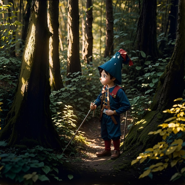 Little boy with backpack walking in the forest Adventure and exploration