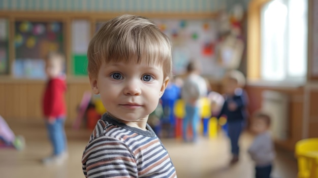 Photo a little boy with blue eyes and a striped shirt