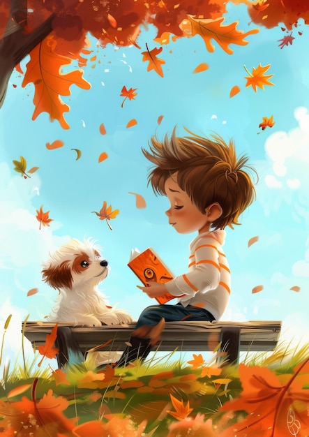 little boy with a book in autumn park next a dog