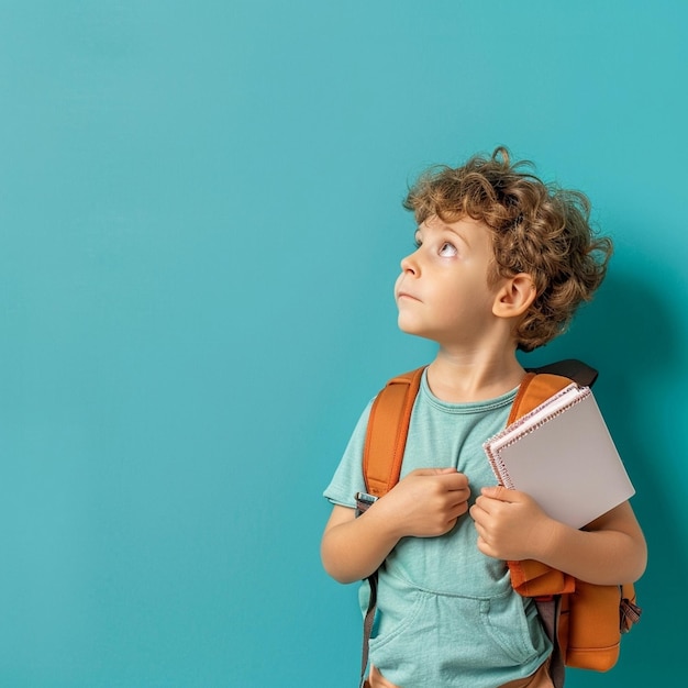 a little boy with a book on his back stands against a blue background