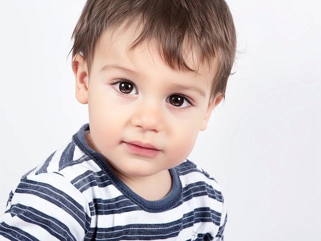 a little boy with brown eyes and a blue and white striped shirt