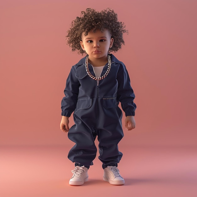 a little boy with curly hair and a necklace on his head