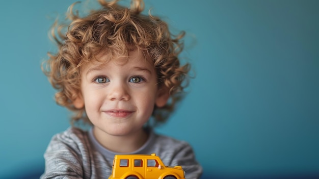 Little boy with curly hair playing with toy car