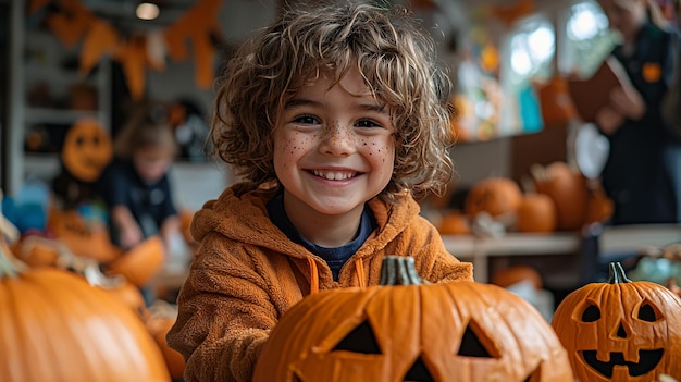 A little boy with curly hair smiles brightly holding a carved pumpkin