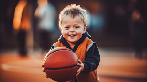 Little boy with down syndrome holding a basketball