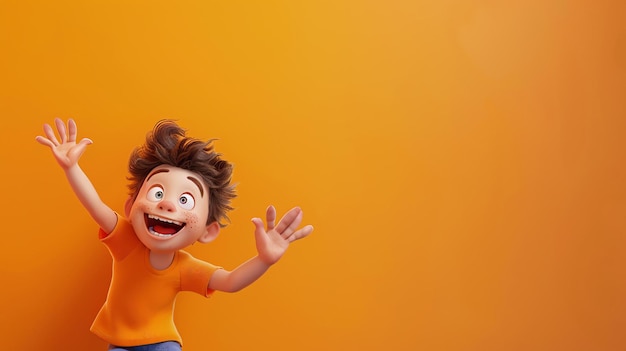 Little boy with freckles and brown hair in an orange shirt with hands up in the air on orange background