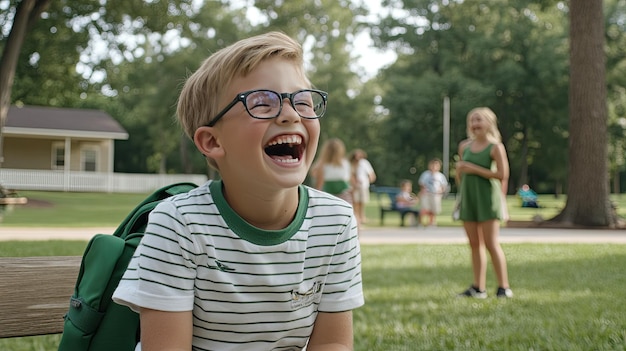 Photo a little boy with glasses expresses pure joy while sitting on a bench in a vibrant park freshly out of school his backpack resting next to him