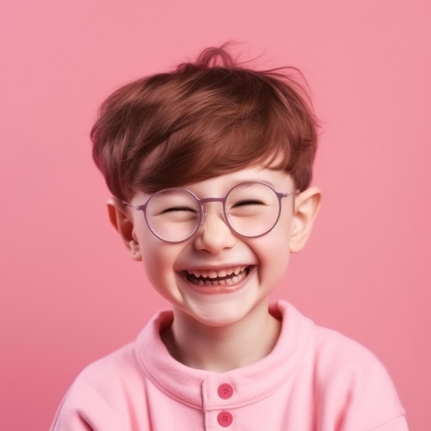 A little boy with glasses and a pink shirt that says'the little prince '