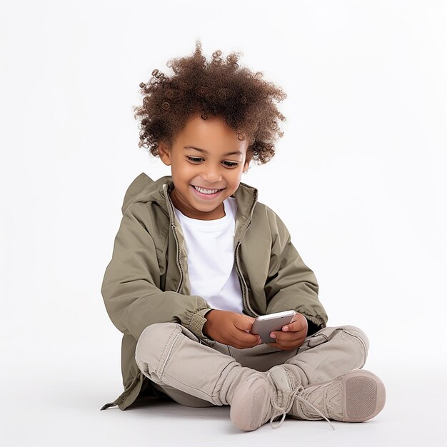 a little boy with a green jacket on and a cell phone