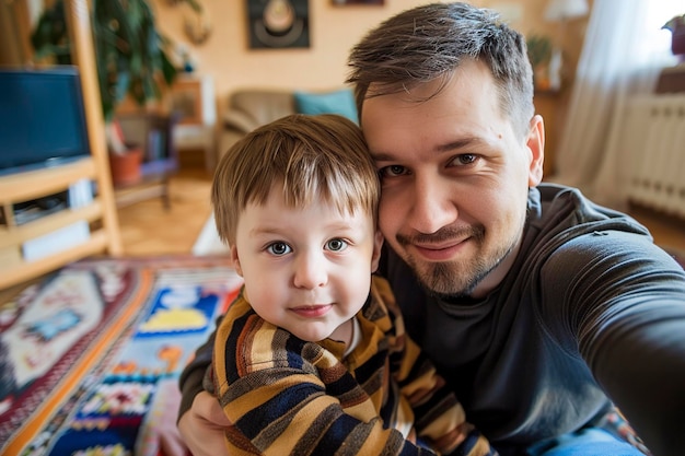 Photo a little boy with his father taking selfie at home