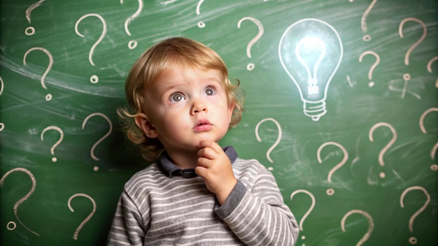 a little boy with a light bulb on his head